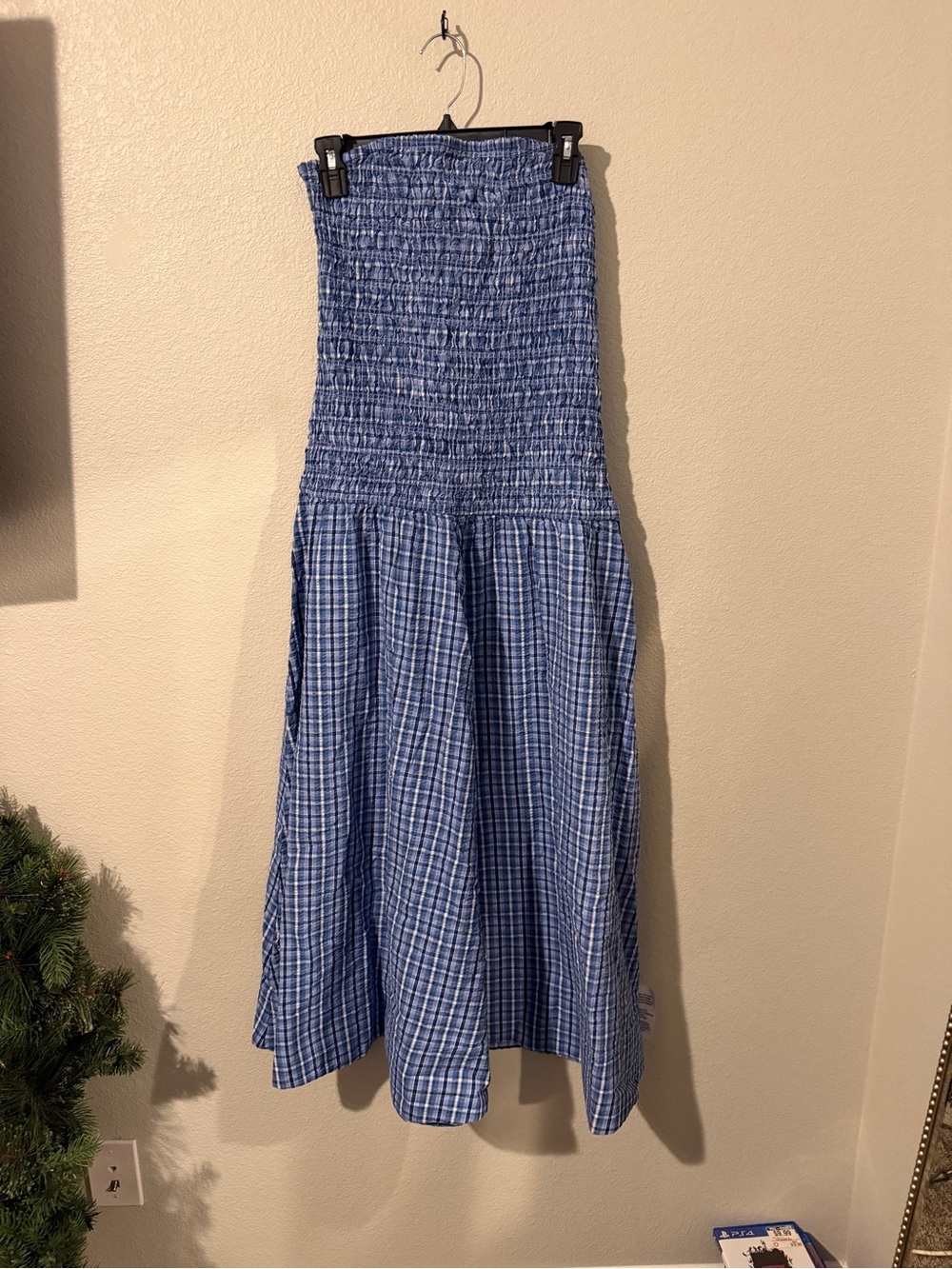 Topshop Blue Strapless Smocked Plaid Maxi Dress